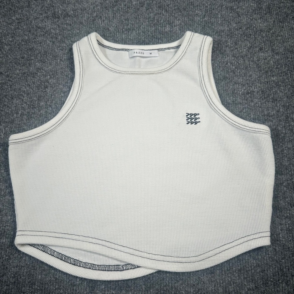 Pazzo Womens Waffle Knit Crop Tank Top White Black Contrast Stitch Size M